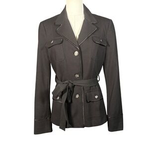 White House Black Market Womens Black Belted Jacket Military Style Size 6